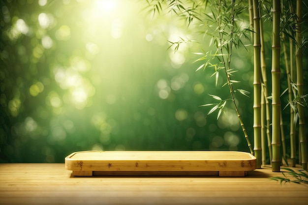 Empty podiums with bamboo branches on green background