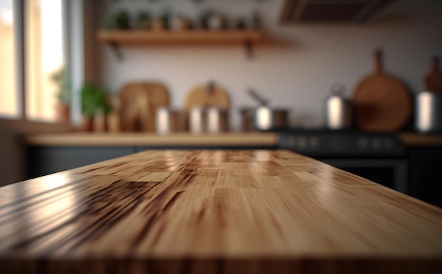 Empty polished wooden tabletop against blurred kitchen Generative AI
