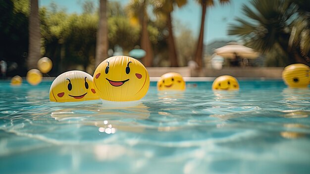 An empty pool with floating inflatable toys