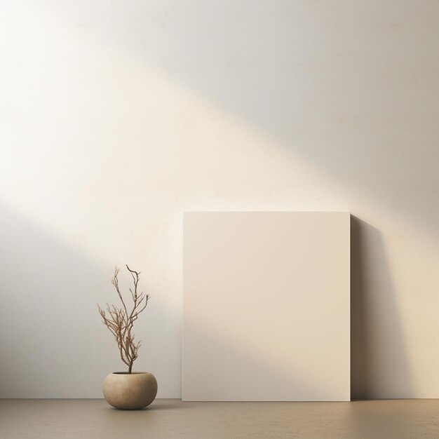 Empty Poster on Blank Wall Mockup with Plant