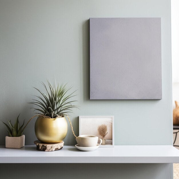 Empty Poster on Blank Wall Mockup with Plant