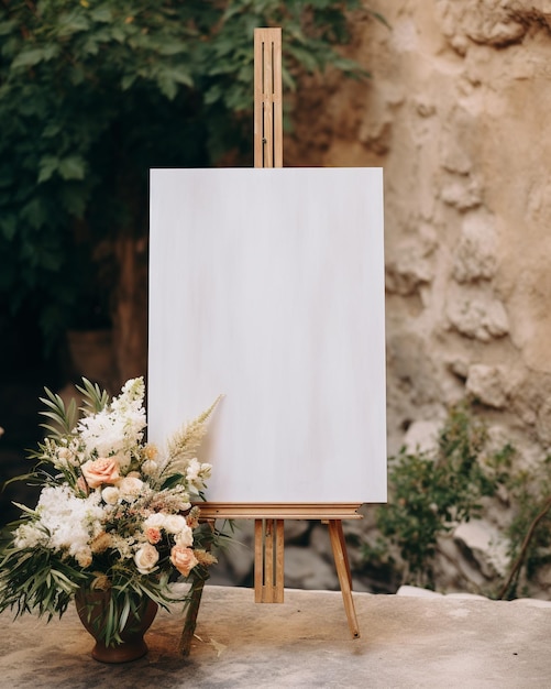 Empty poster on easel on wedding ceremony boho style