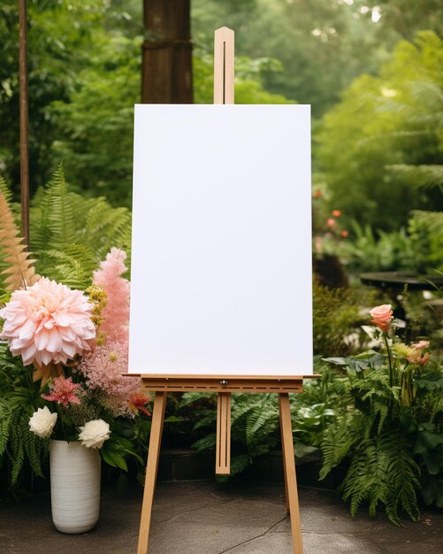 Empty poster on easel on wedding ceremony boho style