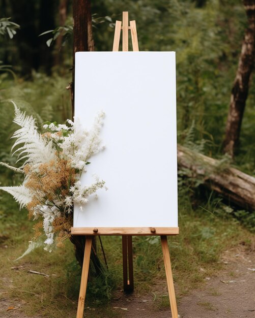 Empty poster on easel on wedding ceremony boho style