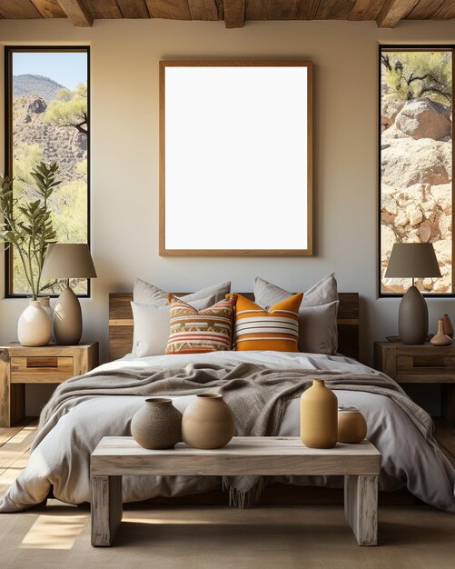 Photo an empty poster frame in the bedroom in southwestern charm style