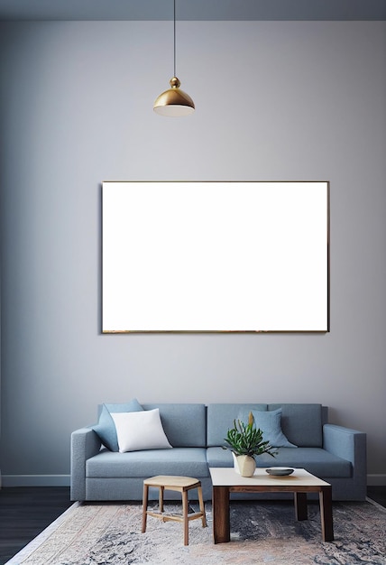 Empty poster frame on wall in living room interior with modern\
furniture and armchairtemplate mockup photo frame different\
shapesscandinavian style 3d render 3d illustration
