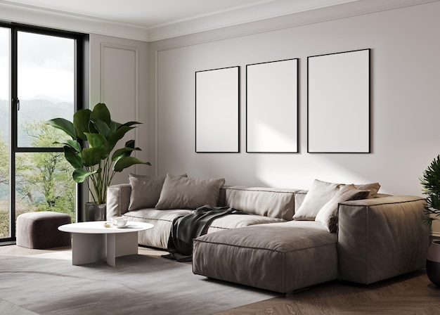 Empty poster frames on beige wall in living room interior with modern furniture and plant gray sofa