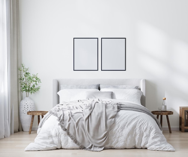 Empty poster frames in scandinavian style bedroom interior,\
home interior, 3d rendering