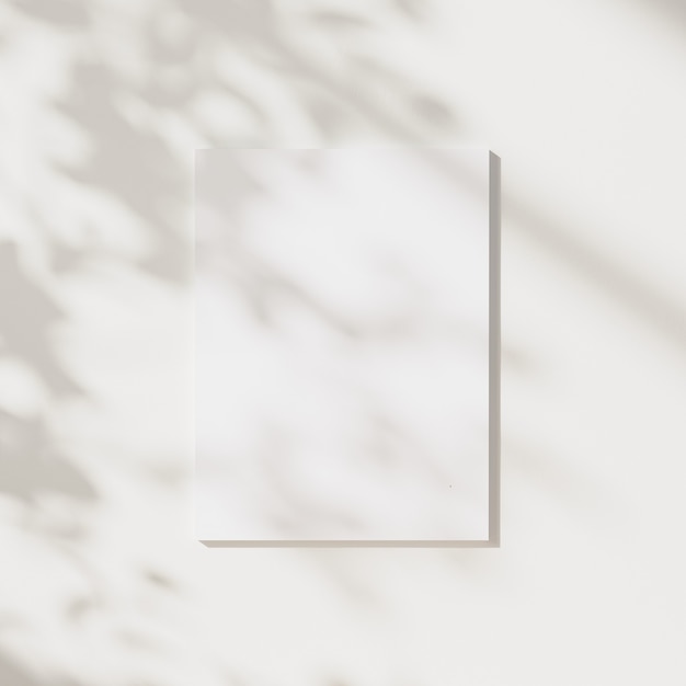 Foto manifesto vuoto mock up con foglie ombre e luce solare su sfondo bianco neutro muro, illustrazione 3d
