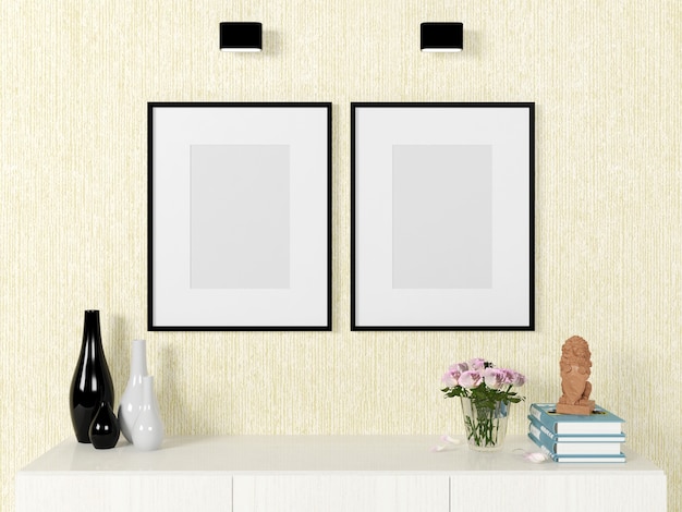 Empty poster template for mock up on wall with decorative elements, 3D rendering