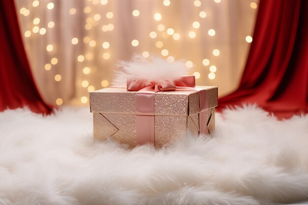 Пустая коробка с подарками на белом меховом коврике