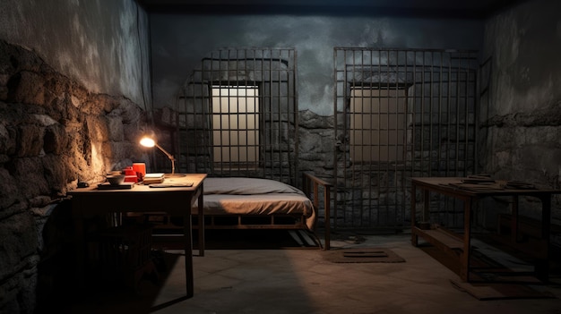 An empty prison cell with a bed and a table