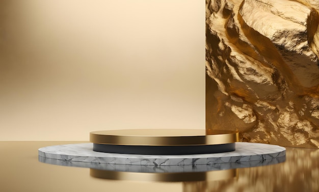 Empty product display podium with water reflection and rock on gold background generative AI