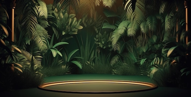 背景に光と熱帯のジャングルがある空の製品展示ステージ