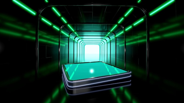 Photo empty product display stand dark background with green neon lights it's modern and outstanding