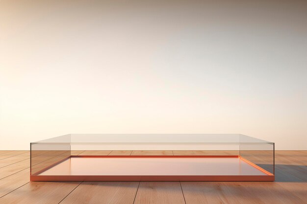 An empty product podium of glass on a wooden floor