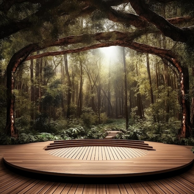 Empty Product Wooden Round Stage Podium in Green Forest Natural Environment extreme closeup Generative AI