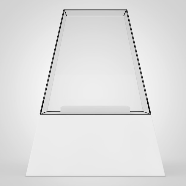 Photo empty promotion glass showcase with pedestal on a white background. 3d rendering