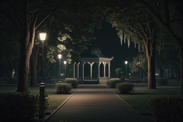 Empty public park at night with illuminated light on and bench