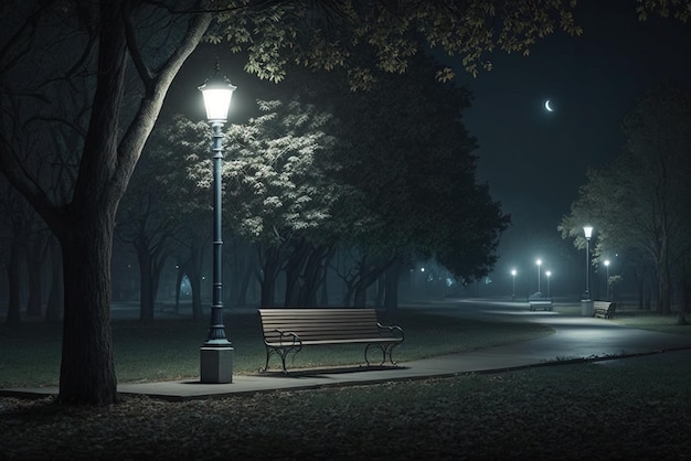 Empty public park at night with illuminated light on and bench