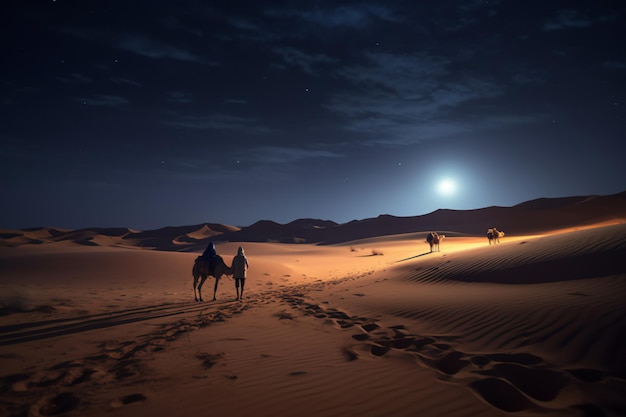 Foto il deserto del quartiere vuoto di notte con la luce della luna e un gruppo di persone che camminano sui cammelli