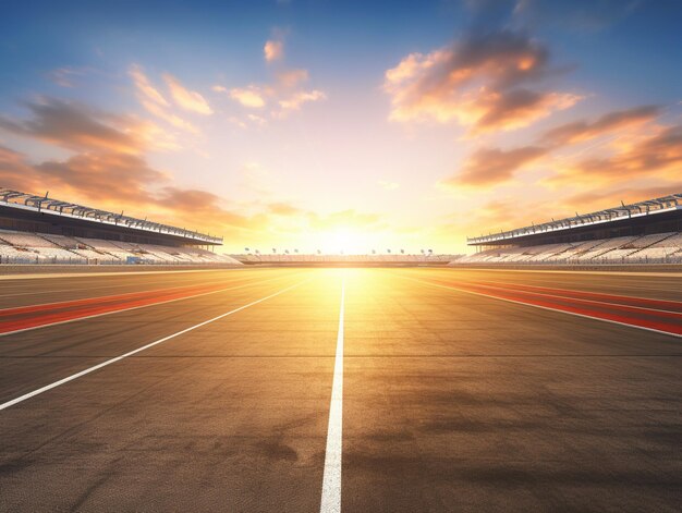 Photo empty race track with sunset sky background