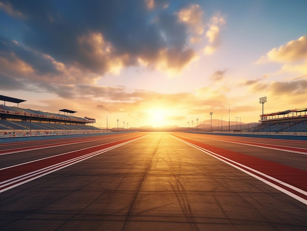 Photo empty race track with sunset sky background