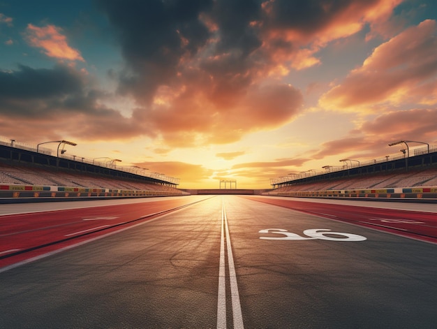 Photo empty race track with sunset sky background