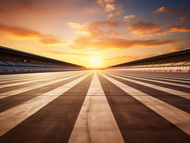 Photo empty race track with sunset sky background