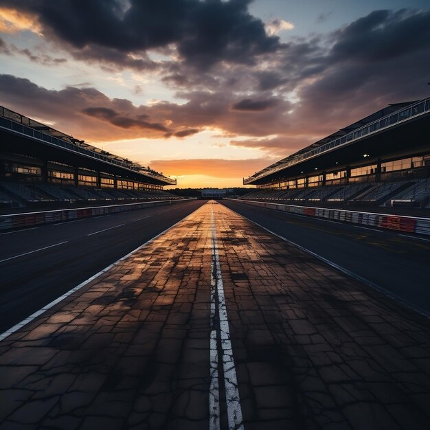 an empty racetrack at sunset