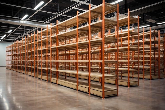 Empty rack shelf in mega storehouse Logistic concept Generative AI