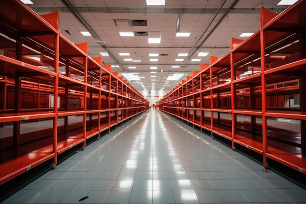 Empty rack shelf in mega storehouse Logistic concept Generative AI