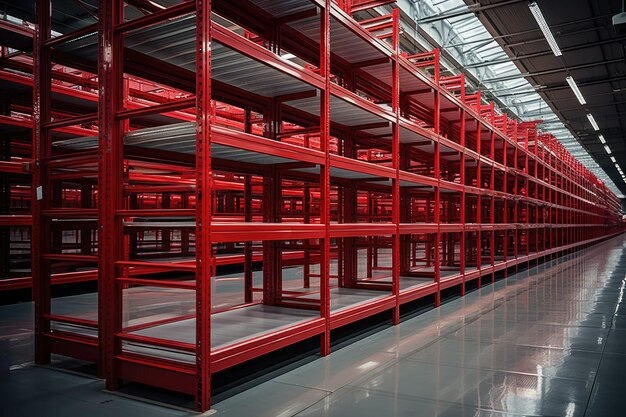 Empty rack shelf in mega storehouse Logistic concept Generative AI