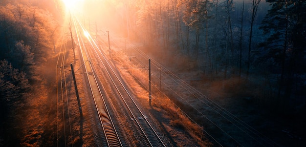 Empty railway track in the forest at sunset or dawn.