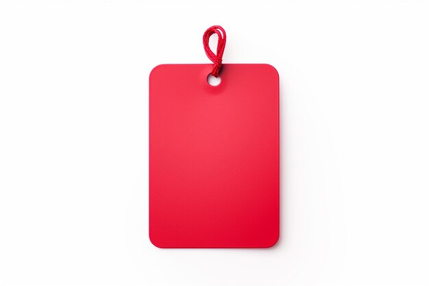 Empty red cloth tag isolated on white background Shopping or sale Black Friday discount concept Rectangle gift tag mockup element for design Cardboard tag with space for text top view