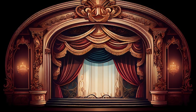 Пустой деревянный пол сцены с красным занавесом с прожектором Театральная оперная сцена с концертом или торжественным открытием кинотеатра