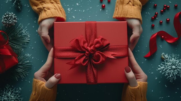 Empty red luxury box with ribbon opened by female hands Mockup present gift box on light blue background Top view