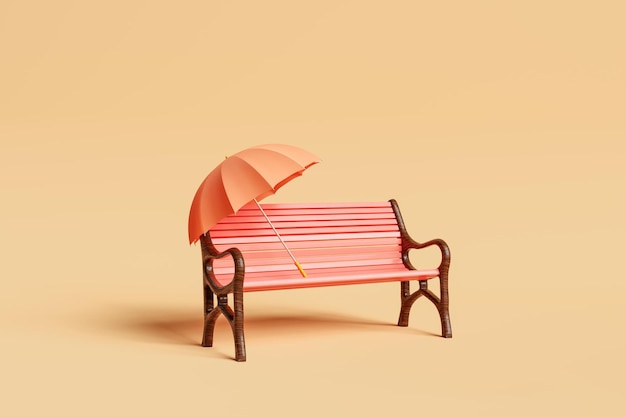 Empty red painted bench with orange umbrella on beige backdrop