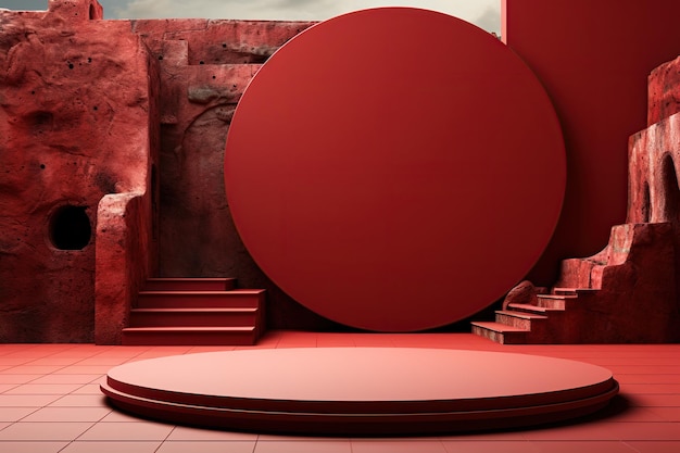 Пустой красный подиум для презентации продукта в 3D-рендеринге пустыни
