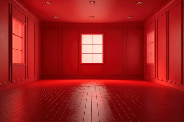 Photo an empty red room with multiple windows