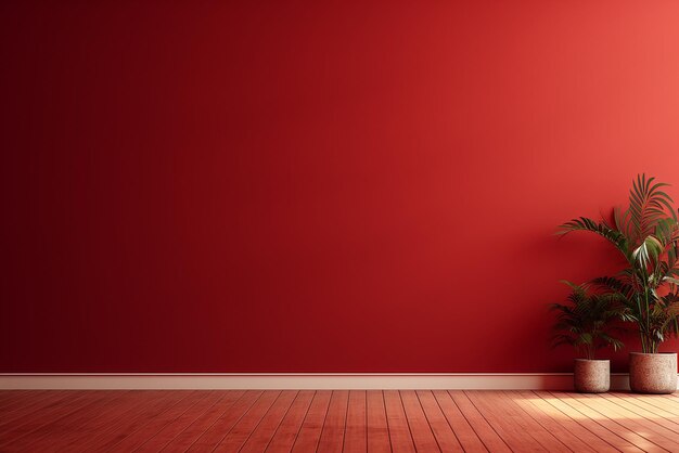 An empty red room with a plant