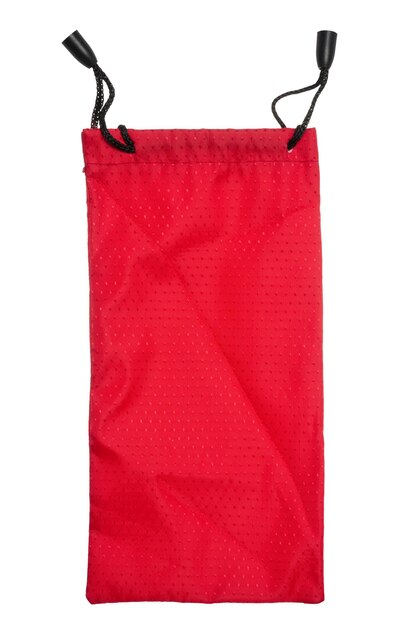 Photo empty red textile bag with black ropes on isolated background