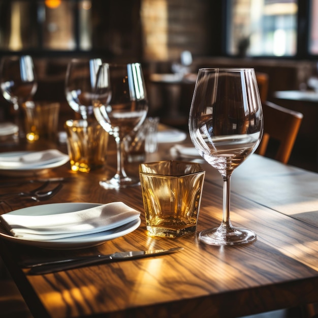 An empty restaurant with wine glasses on the table