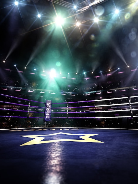 Пустой ринг боксерской арены в свете цветного прожектора