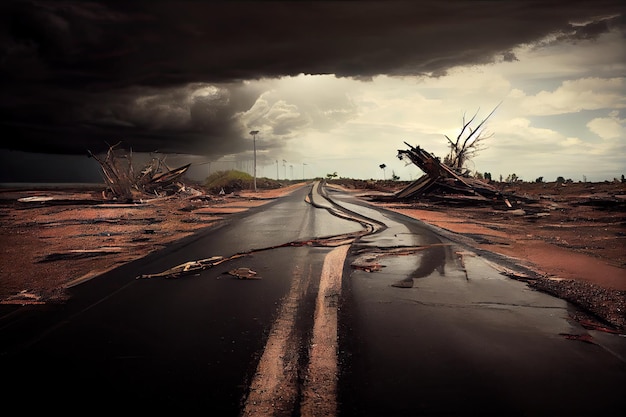 Empty road after devastate from rain and wind disaster aftermath hurricane