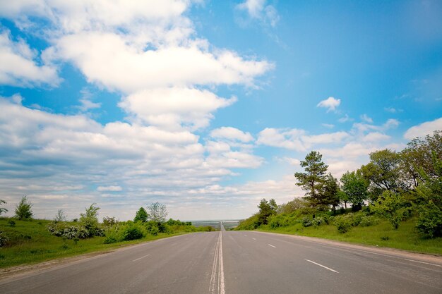 Empty road along plants and trees against sky