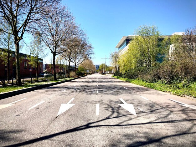 Photo empty road along trees and buildings