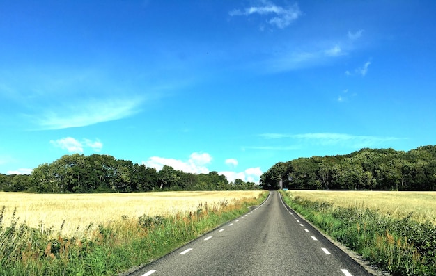 Empty road amidst field against blue sky