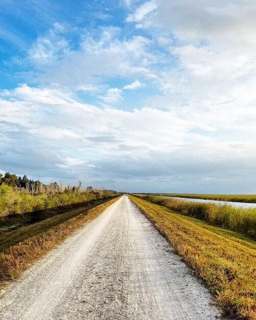 Empty road amidst field against sky