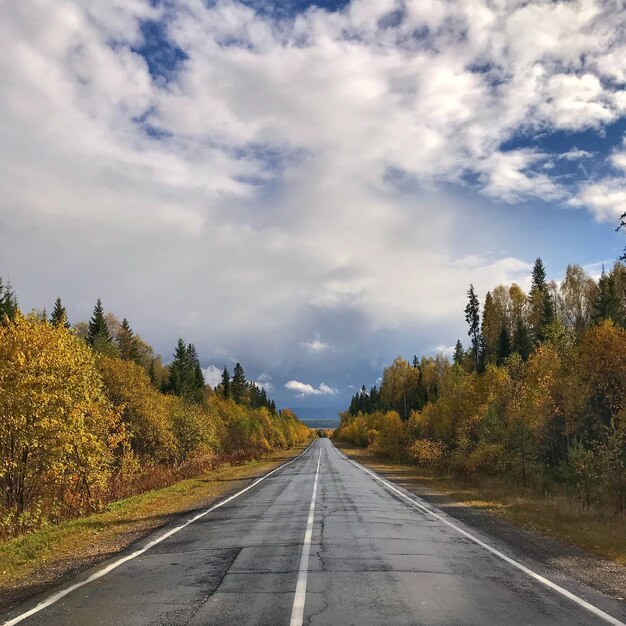 Foto strada vuota in mezzo agli alberi contro un cielo nuvoloso